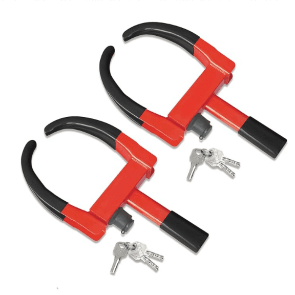 Wheel Lock Universal Trailer Wheel Lock Adjustable Security Tire Boot Lock Anti Theft for ATV RV SUV Car Golf Cart Boats Motorcycles Great Deterrent Bright Black-Red, 2 Packs 6 Keys Alike