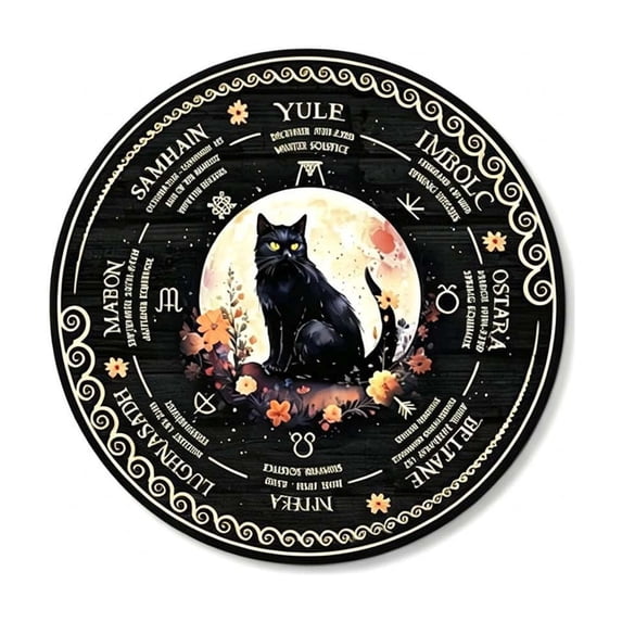 Wheel Of The Year Wall Hanging, Wooden Black Cat Pagan Witch Calendar, 7.5in Wicca Altar Decor for Yule, Celestial Signs, Christmas & Halloween