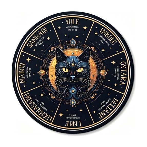 Wheel Of The Year Wall Hanging, Wooden Black Cat Pagan Witch Calendar, 7.5in Wicca Altar Decor for Yule, Celestial Signs, Christmas & Halloween