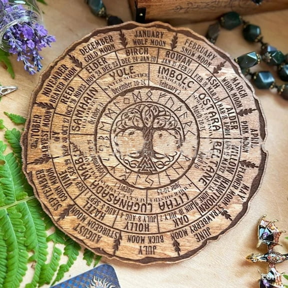 Wheel Of The Year Wood Sign Wood Pendulum Board for Witchcraft Wiccan Altar Supplies Flat Round with Tree of Life Pattern Coffee 250mm