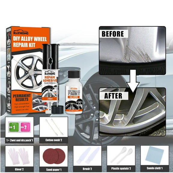 Wheel Rim Scratch Repair Kit 25ml with Paint and Tools, Hub Refinishing Solution for Alloy Scuffs, Sunshine-Resistant Touch-Up Pen with Sandpaper Brush Gloves for Seamless Fix