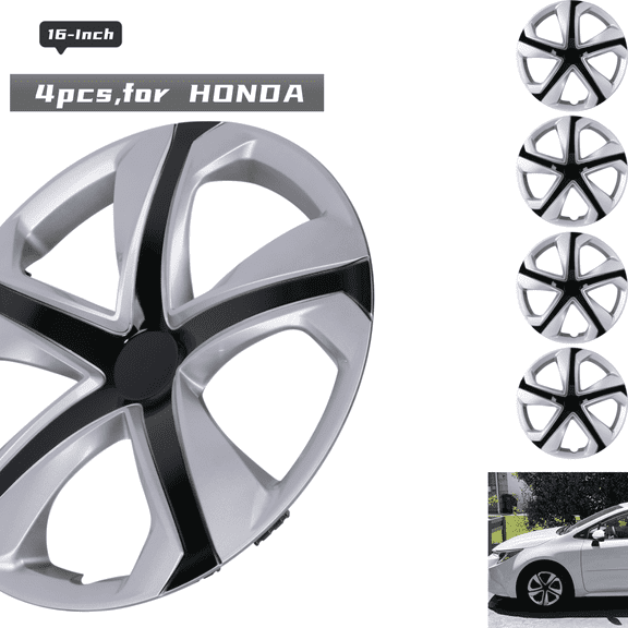 Wheel Rims Covers 16 inch 4 Pieces ,for 2016-2024 Honda Civic SEDAN Compatible with Steel Wheels and Snap on Installation Hubcaps ABS+PC Material (Silver & Black Lacquer)