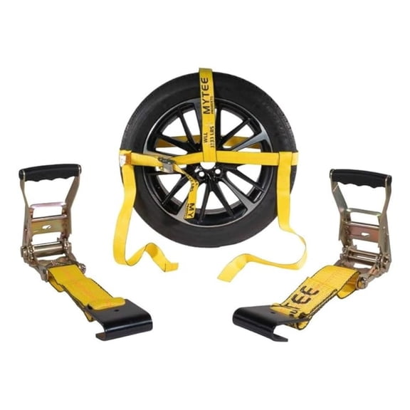 Wheel Tie Down Straps 2x120", Yellow - Vehicle Transport Straps with Ratchet, 3333lbs WLL, Fits 14-17" Tires, Car Hauling Straps for Trailers, Heavy Duty Wheel Net
