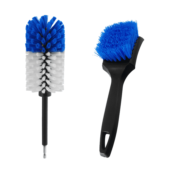 Wheel & Tire Brush, Soft Bristle Car Wash Brush, Cleans Dirty Tires & Releases Dirt and Road Grime, Short Handle for Easy Scrubbing(Blue&White)