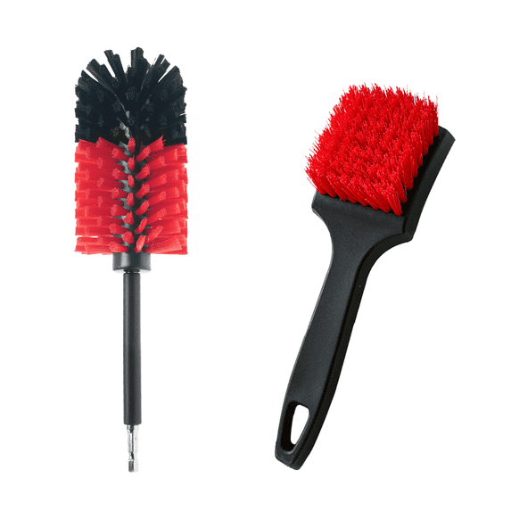 Wheel & Tire Brush, Soft Bristle Car Wash Brush, Cleans Dirty Tires & Releases Dirt and Road Grime, Short Handle for Easy Scrubbing(Red&Black)