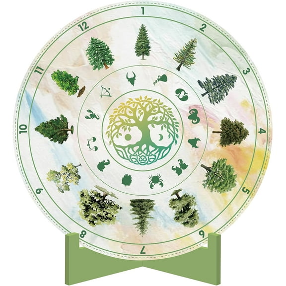 Wheel of The Year Sign Pagan Decor 2024 Calendar Wiccan Holidays Pendulum Board Stand Tree of Life Engraved Plaque Spiritual Wooden Supplies Tools for Home Green 7.9 Inch