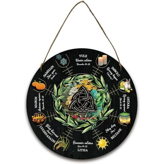 Artsy Woodsy Wheel of the Year Wood Witch Calendar Hanging Wall Decorations with Jute Twine Flat Round with Word Knot Pattern 300x5mm