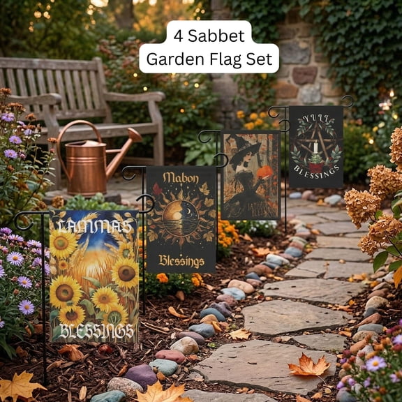 Wheel of the Year Garden Flags Set 4 Sabbats Lammas Mabon Samhain Yule Witchy Pagan Yard D
