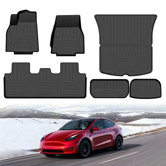 WheelX Floor Mats & Cargo Liners Fit Tesla Model Y 5-Seat Set of 6 Mats (Not Fit 7-Seat) 2021-2024 TPE Trunk Mats Interior Accessories Floor Mats Cargo Mat Full Set,Set of 6 Mats