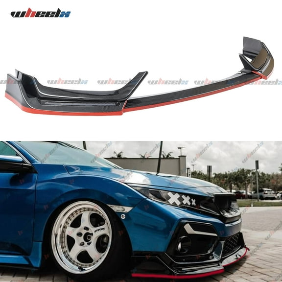 WheelX Front Bumper Lip W/Light Compatible with 2016-2021 Honda Civic Hatchback & Si (Carbon Fiber Pattern), Red Line Style Air Dam Spoiler Splitter with LED Daytime Running Lights Fit for 16-21