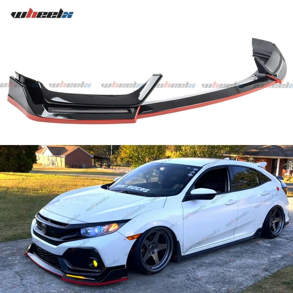 WheelX Front Bumper Lip W/Light Compatible with 2016-2021 Honda Civic Hatchback & Si (Glossy Black), Red Line Style Air Dam Spoiler Splitter with LED Daytime Running Lights Fit for 16-21