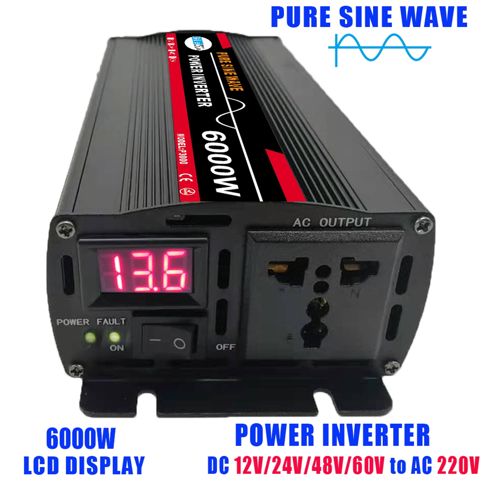 Pure Sine Wave Inverter, 6000W Power Inverter DC 12V to AC 110V Car Battery Power Converter Adapter Solar System/Solar Panel/Home/Outdoor/RV/Camping Wave Power Inverter