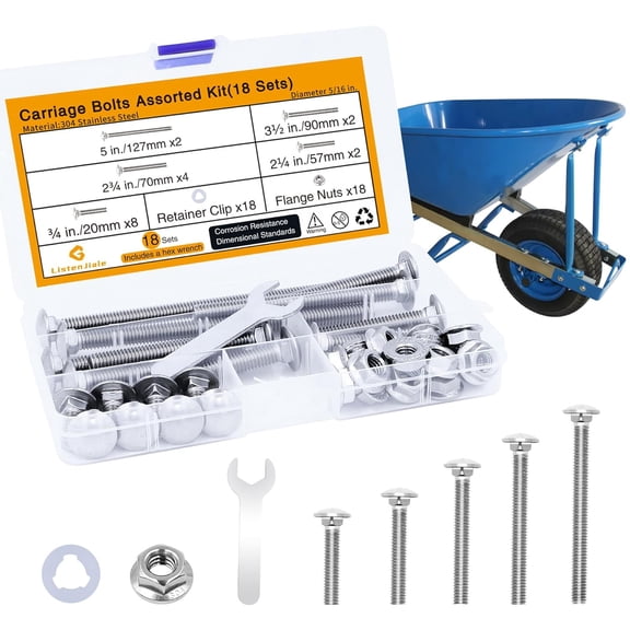 Wheelbarrow Carriage Bolts and Nuts Kit,5/16-18 Stainless Steel Carriage Bolts 5",3-1/2",2-3/4",2-1/4",3/4",Flange Hex Nuts,Retainer Clips,Hex Wrench,Wheelbarrow Handles Replacement kit(18 Sets)