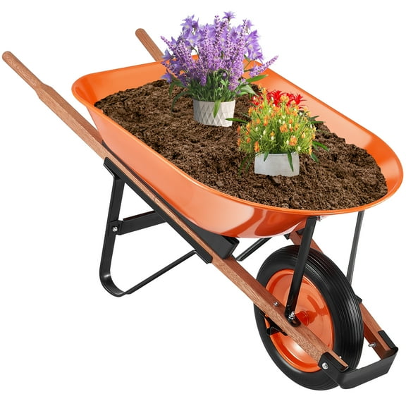 Wheelbarrow Cart, 5 Cu. Ft. Load & 265 lbs Capacity, One Wheel Garden Dump Cart, Garden Wagon with Metal Handle & 16" Wide Track Wheels, Easy Loading Utility Yard Cart & Wagons for Lawn Farm