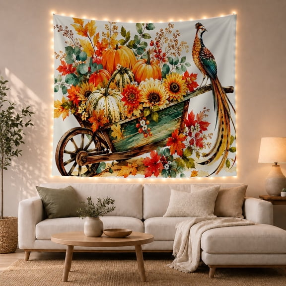 Wheelbarrow with Pumpkins Against Autumn Foliage Cozy Rustic for Farmhouse Decor Enthusiasts Seasonal Harvest Wall Art Thanksgiving Gift Tapestry Wall Hanging for Living Room and Bedroom