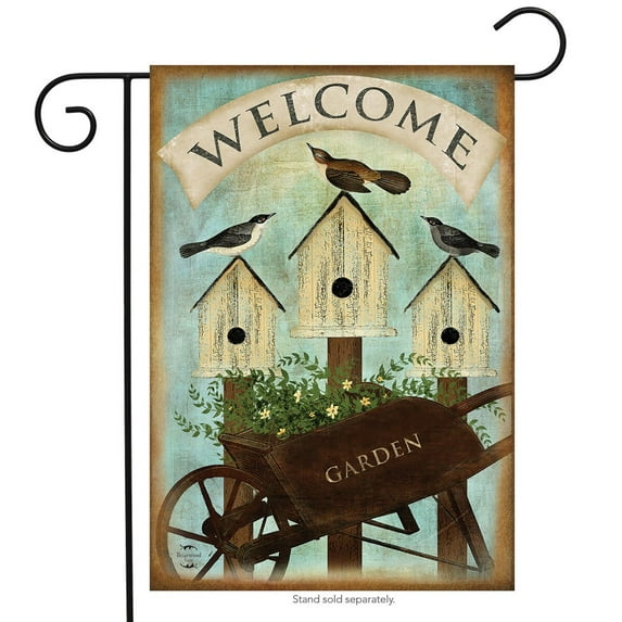 Wheelbarrow Welcome Spring Garden Flag Birdhouses 12.5" x 18" Briarwood Lane