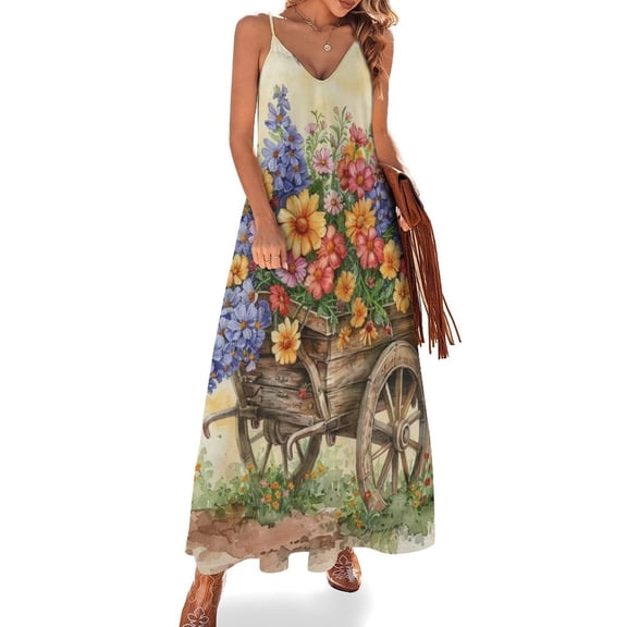 Wheelbarrow with Flowers Sleeveless Suspender Dress Summer Fashion Casual Long Dress