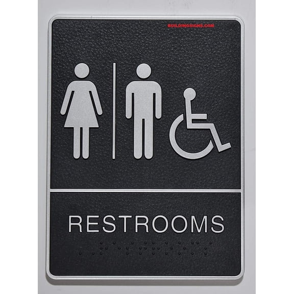 Wheelchair Accessible Restroom Sign with Tactile Graphic (Black,6x9 Comes with Double Sided Tape)- The Leather Sheffield line 