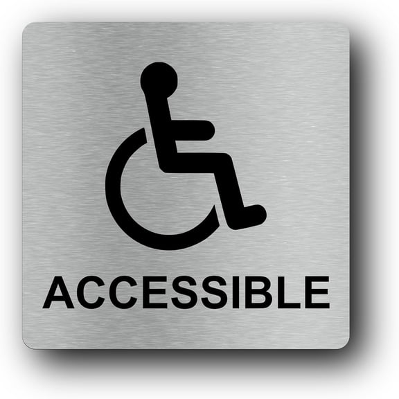 Wheelchair Accessible Sign - Metallic Silver Aluminium Sign with Universal Wheelchair Symbol and 'Accessible' Text - Self-Adhesive Peel and Stick Installation (Medium)