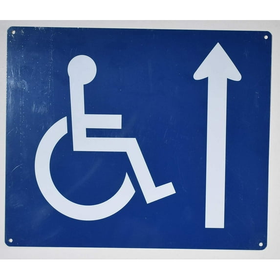 Wheelchair Accessible Sign with Ahead Arrow -(White/Blue,Aluminium, 10x12)-The Pour Tous Blue LINE(ref-2022-4)