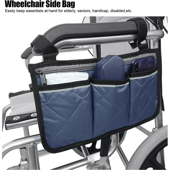 Wheelchair Armrest Pouch Organizer Bag for Side of Wheelchair,3 Pockets,Waterproof Storage Pouches for Rollators,Scooters,Blue