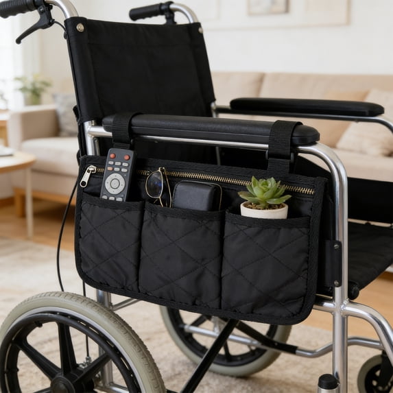 Wheelchair Bag,Wheelchair Backpack,Wheelchair Side Bag,Wheelchair Pouch for Wheelchair,Wheelchair Bags to Hang on Side,Wheelchair Accessories Bag,With Reflective Strip(Black 12.6*7IN)