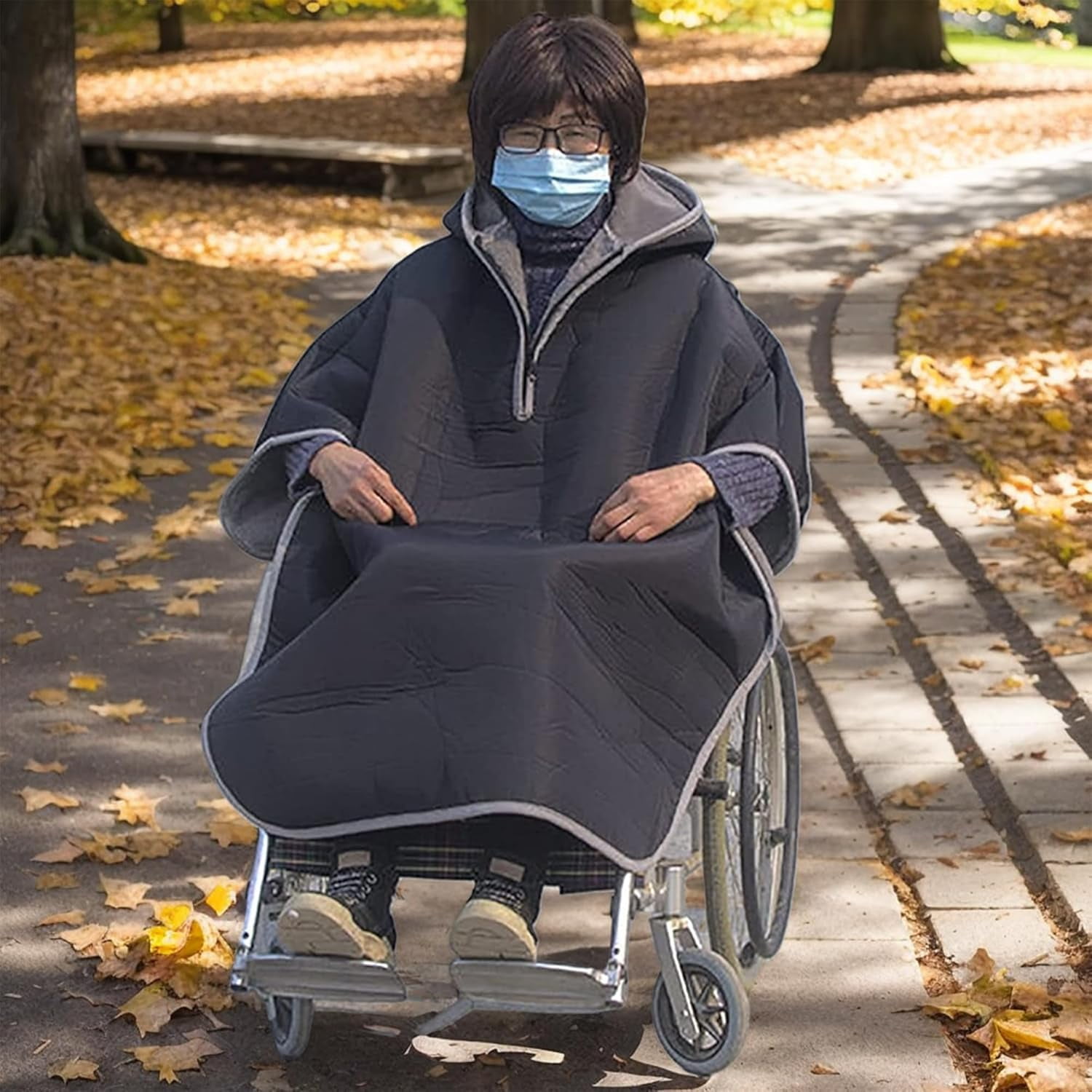Wheelchair Blanket Warmer Cover: Windproof Wheelchair Hooded Poncho, Travel Thermal Blanket Cloak for Full Body Warmth (Black)