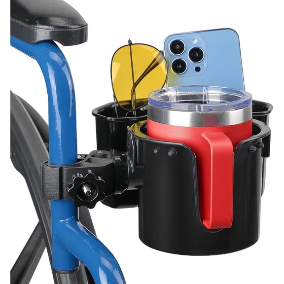 Wheelchair Cup Holder, 2-in-1 Walker Cup Holder with 4.72'' Small Storage Box, Drink Holder for Bottle with Handle, Fit for Wheelchair, Walker, Rollator, Stroller, Camper, Golf cart (Small)