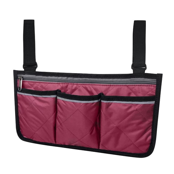 Wheelchair Cup Holder Attachment, Bag Storage Organizer, Adjustable Straps, 16X8 in Quilted Fabric, Burgundy, Side Hanging Accessibility Gear, 1 Pc