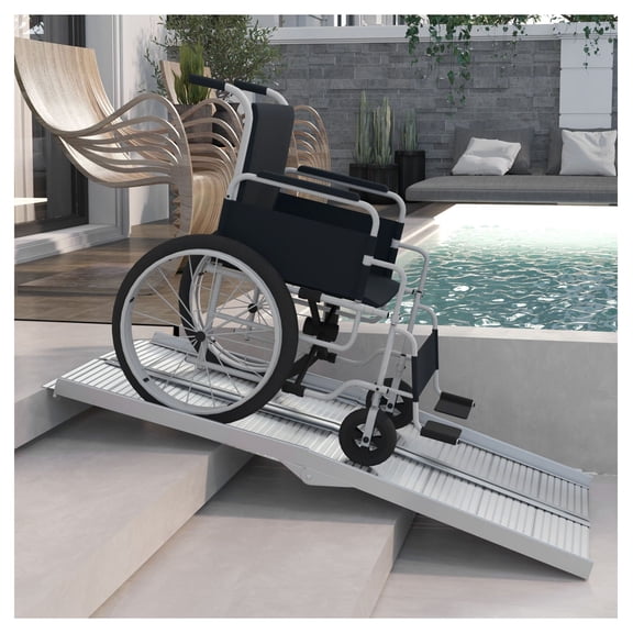 Wheelchair Ramp 5ft Foldable Aluminum - Portable Mobility Ramp for Steps, Doorways & Cars - 600lb Capacity - Textured Silver Ramp with Handle