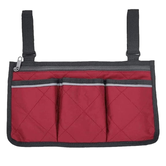 Wheelchair Side Bag, Adjustable Strap Side Hanging Storage Organizer Pouch, Mobility Aids for Elderly Disabled Users, Quilted Burgundy Accessory Bag
