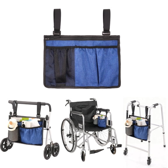 Wheelchair Side Bag, Waterproof Oxford Wheelchair Armrest Storage Pouch with Multiple Pockets, Durable Wheelchair Bags to Hang on Side for Most Wheelchairs, Walkers & Rollators(Blue)