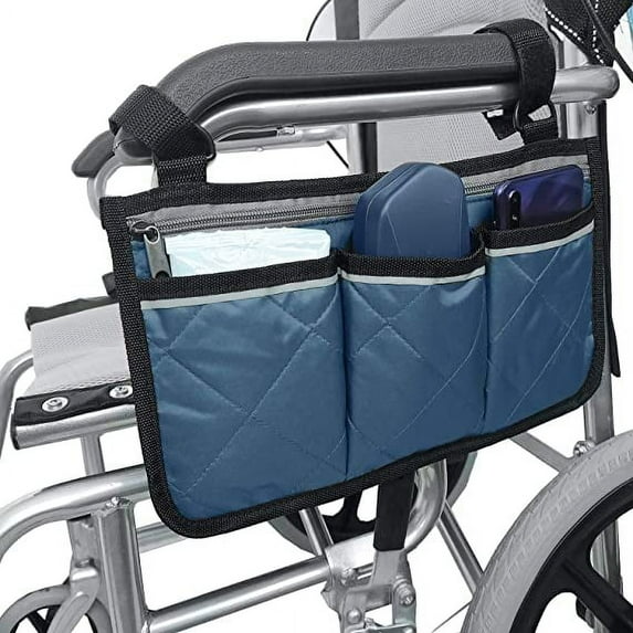 Wheelchair Side Bag, Waterproof Armrest Pouch Bag with Black Bright Line Wheelchair Side Storage Organizers for Walkers, Rollators, Scooters (DarkBlue)