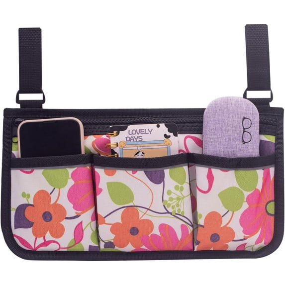 Wheelchair Side Bag, Wheelchair Accessories, Wheelchair Armrest Bag Storage Pouch to Hang on Side, with Reflective Stripes, Fits Mobility Scooter, Walker, Rollator, Floral Design