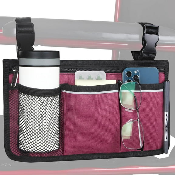 Wheelchair Side Bag, Wheelchair Armrest Storage Pouch with Cup Holder Use of Waterproof Fabric, for Most Wheelchairs, Walkers or Rollators