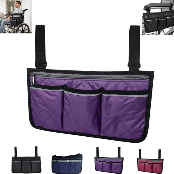 Wheelchair Side Storage Organizer with Multiple Pockets, Wheelchair Armrest Caddy with Adjustable Hanging Straps, Multi Compartment Storage Bag for Home Travel Daily Use