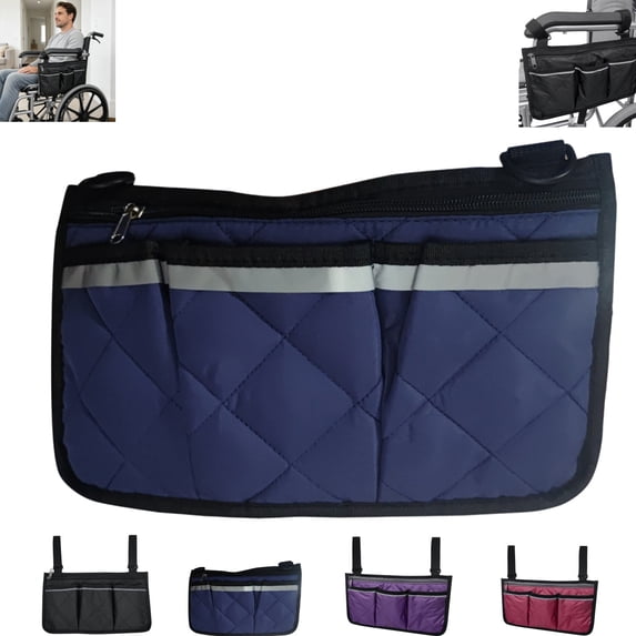 Wheelchair Side Storage Organizer with Multiple Pockets, Wheelchair Armrest Caddy with Adjustable Hanging Straps, Multi Compartment Storage Bag for Home Travel Daily Use