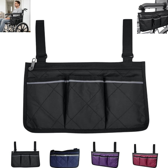 Wheelchair Side Storage Organizer with Multiple Pockets, Wheelchair Armrest Caddy with Adjustable Hanging Straps, Multi Compartment Storage Bag for Home Travel Daily Use