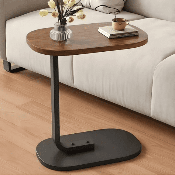 Wheeled C-Shaped Side Table, Double-Layer Storage Sofa Table, 360° Rotatable Casters, Sturdy Metal Frame Space Saving Coffee Table for Living Room, Bedroom(walnut)