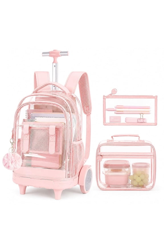 Wheeled Clear Backpack for Women & Girls with Big Wheels - Water-Resistant Transparent Rolling Bag for Travel, School, 3-Pack (Pink)