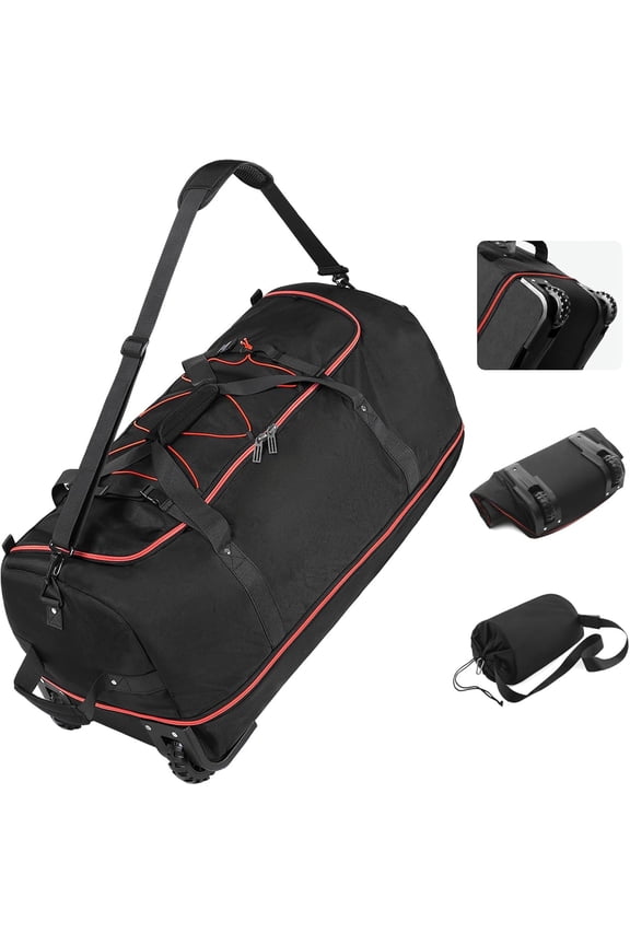 Wheeled Collapsible Duffel Bag,110L-140L Expandable Checked Luggage, No-Telescopic-Handle with Anti-Burst Zipper & Reinforced Frame,Black-red