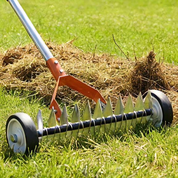 Wheeled Dethatching Rake for Lawn - 15" Heavy Duty Stainless Steel Thatch Rake with Adjustable Long Handle 35"-67", Manual Thatcher for Dead Grass and Soil Loosening (Orange - 67)