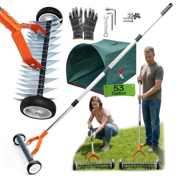 Wheeled Dethatching Rake for Lawn - 15" Heavy Duty Stainless Steel Thatch Rake with Adjustable Long Handle 35"-67", Manual Thatcher for Dead Grass and Soil Loosening (Orange)