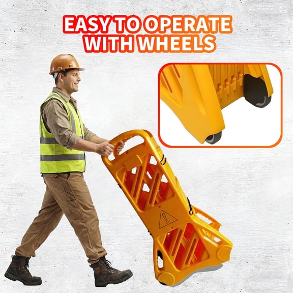 Wheeled Expandable Crowd Control Barrier, 156in Yellow HDPE for Event Emergency Road Isolation