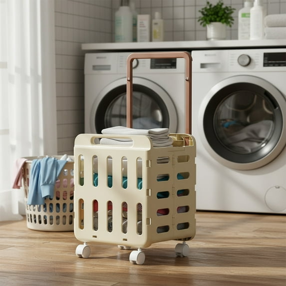 Wheeled Laundry Hamper, Handle and Wheels for Easy Rolling of Clothes to and from The Laundry Room, Plastic