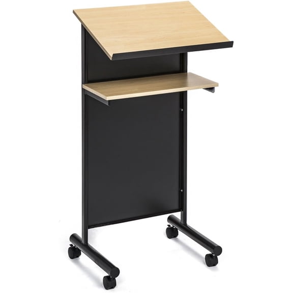 Wheeled Lectern - Standing Desk with Storage Shelf Beech/ Ideal for Presentations and Laptop Use