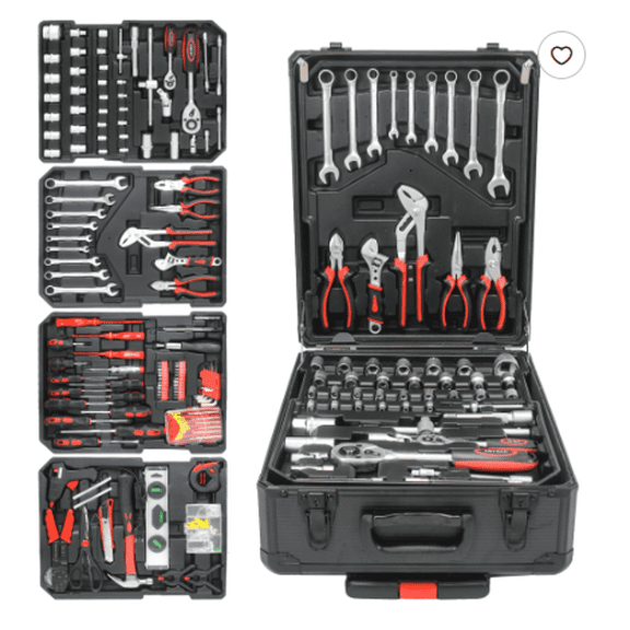 Wheeled Lockable Tool Box with Full 4-Layer Hand Tool Set, Mechanics Repair Kit with Wrenches Pliers Sockets