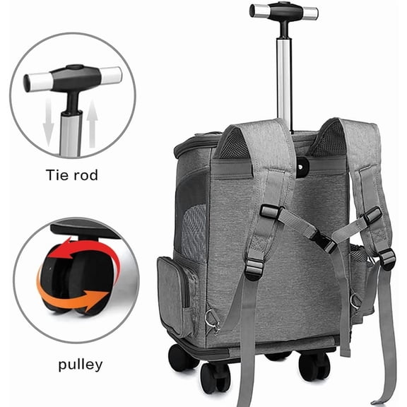 Wheeled Pet Carrier Backpack Pet Stroller, Travel Carrier, Car Seat for Small Dogs Cats Puppies, Comfort Cat Backpack Removable Rolling Wheels – Mesh Ventilation Windows (Grey)