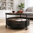 Wheeled Round Coffee Table with Storage Basket, 2 Tier Mobile Table ...