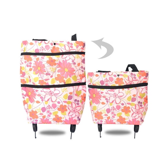 Wheeled Shopping Tote Bag, Foldable Grocery Cart with Wheels, Portable Rolling Cart for Supermarket, Lightweight Travel Wagon with Floral Pattern, Collapsible Utility Carrier